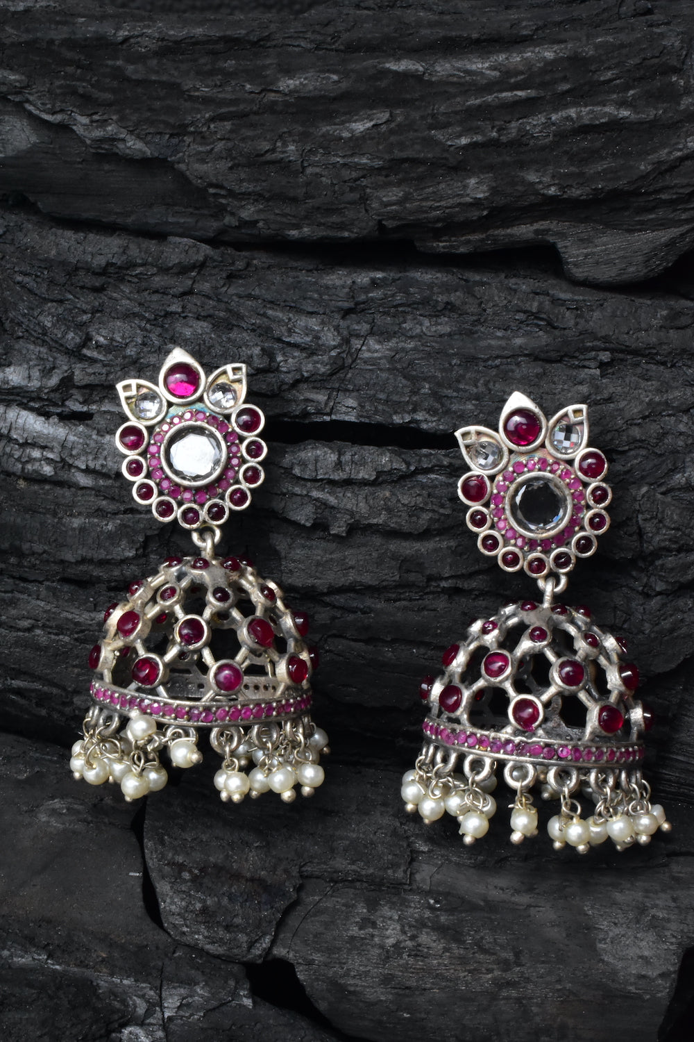 ruby silver jhumka