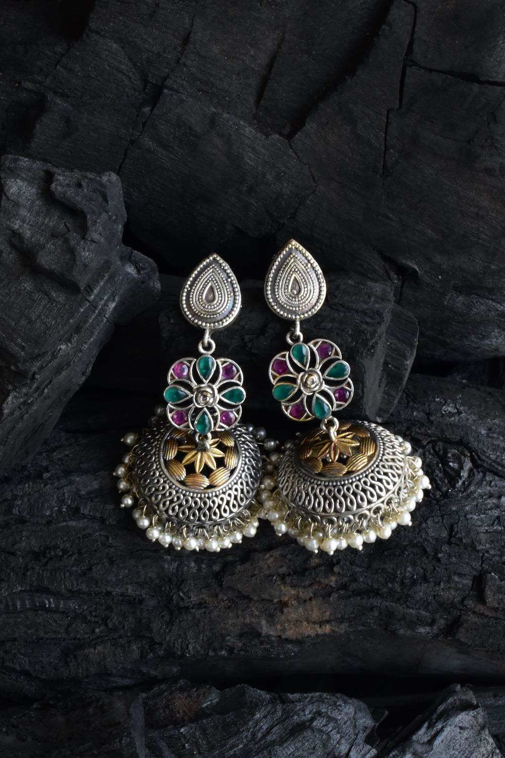 ruby green jhumka earring