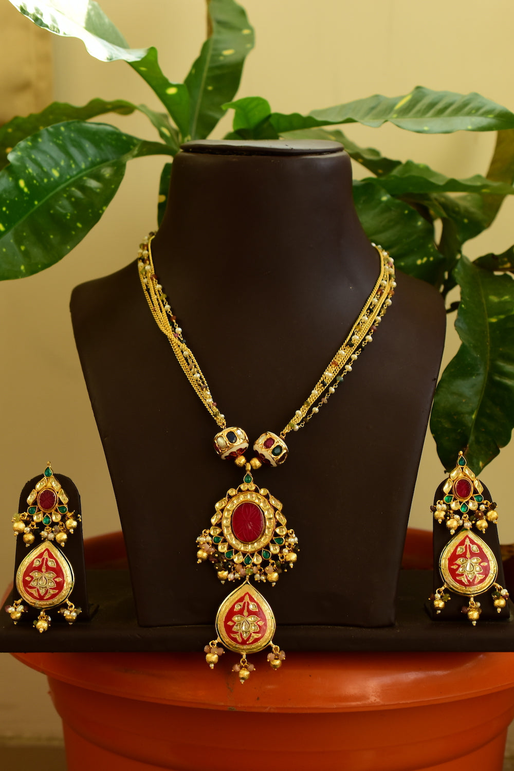 kundan Meenakari Long Necklace Earrings Set kmlnes220113