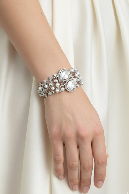 cubic zirconia american diamond cz ad  heart pearl paisley bangle bracelet openable silver finish