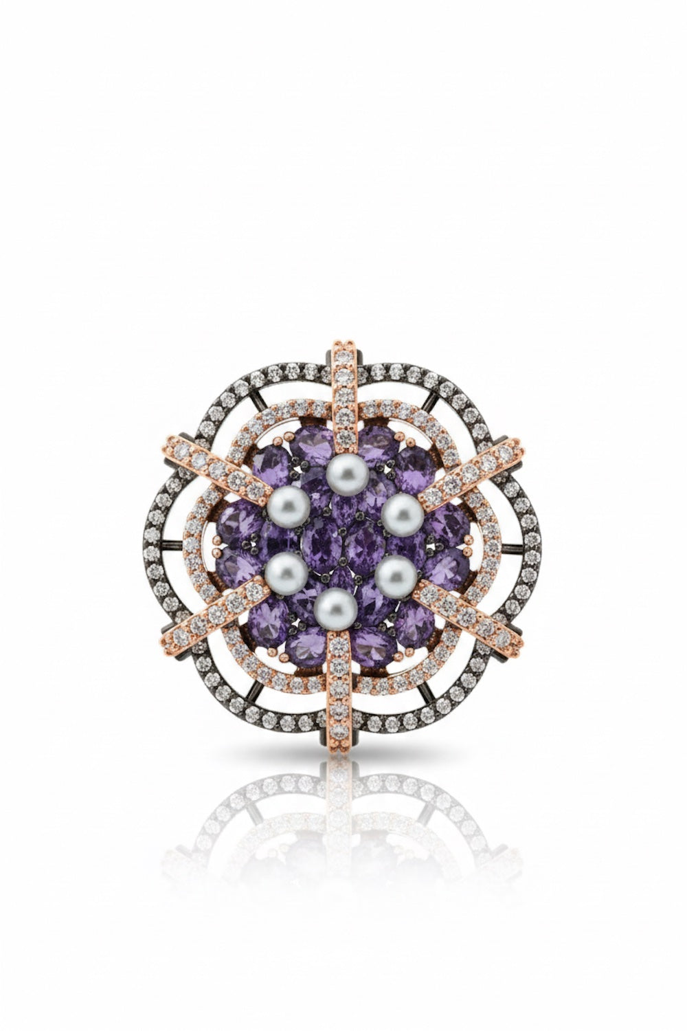 pearl purple cubic zirconia diamond rose gold black polish statement cocktail finger ring