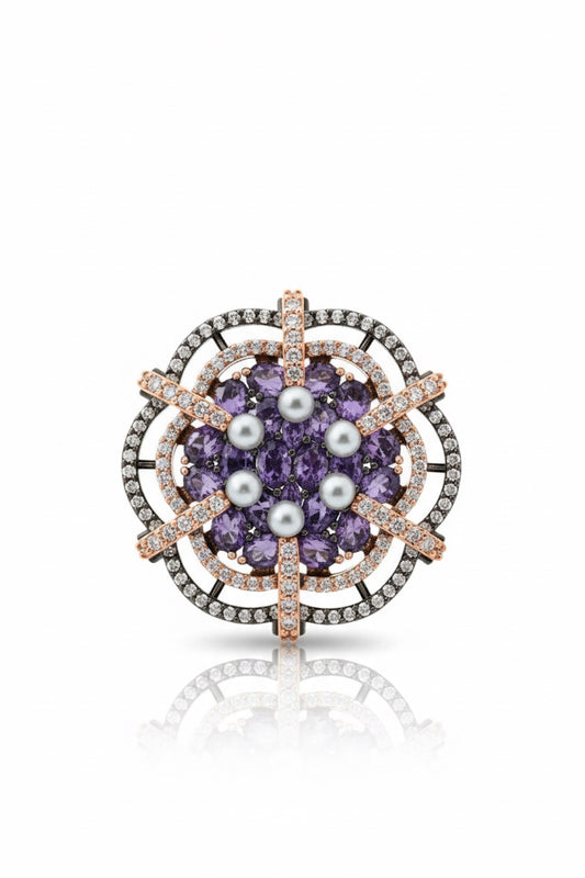 pearl purple cubic zirconia diamond rose gold black polish statement cocktail finger ring