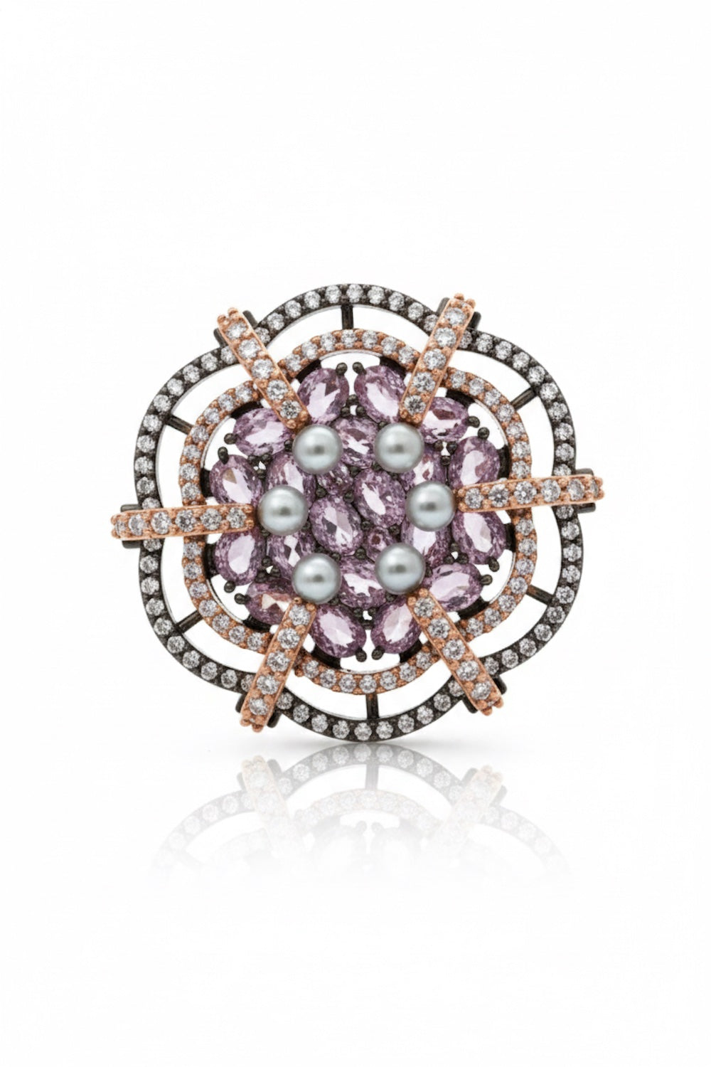 pearl pink cubic zirconia diamond rose gold black polish statement cocktail finger ring