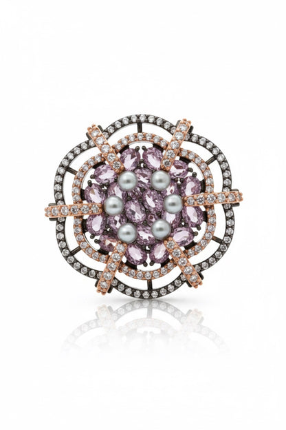 pearl pink cubic zirconia diamond rose gold black polish statement cocktail finger ring