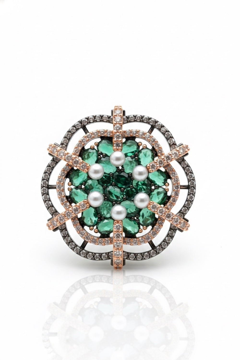 pearl green cubic zirconia diamond rose gold black polish statement cocktail finger ring