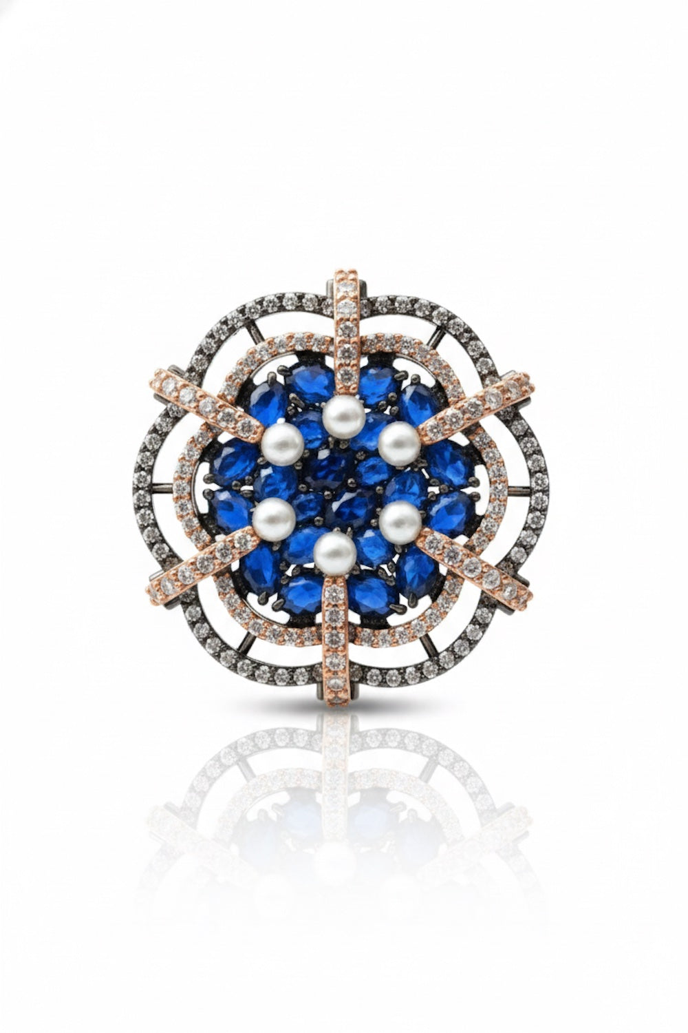 pearl blue cubic zirconia diamond rose gold black polish statement cocktail finger ring