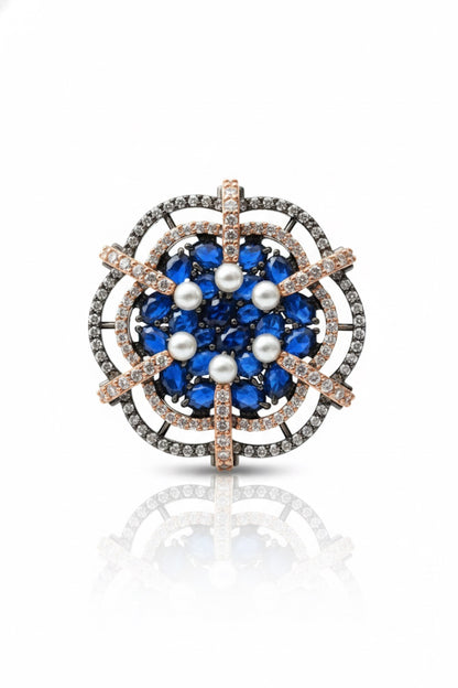 pearl blue cubic zirconia diamond rose gold black polish statement cocktail finger ring