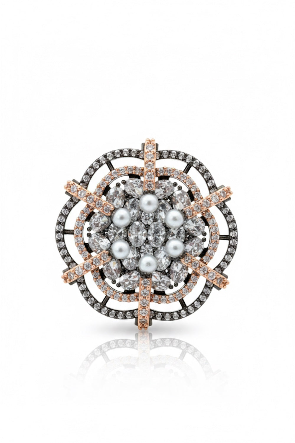pearl cubic zirconia diamond rose gold black polish statement cocktail finger ring