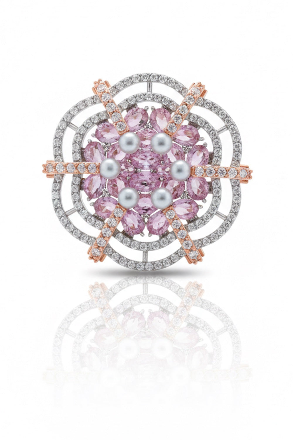 pearl pink cubic zirconia diamond silver polish statement cocktail finger ring