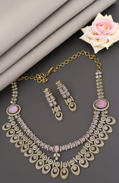 ad multilayer pink stone studded victorian polish necklace earrings set