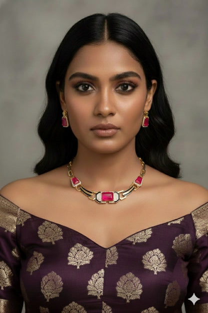 pink double black enamel statement indowestern cocktail party wear matte antique gold polish necklaceearrings. indian jewellery.