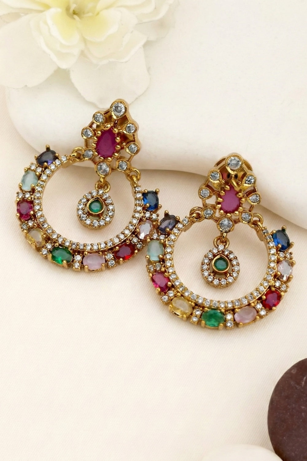 navratna zircon chandbali drop earrings