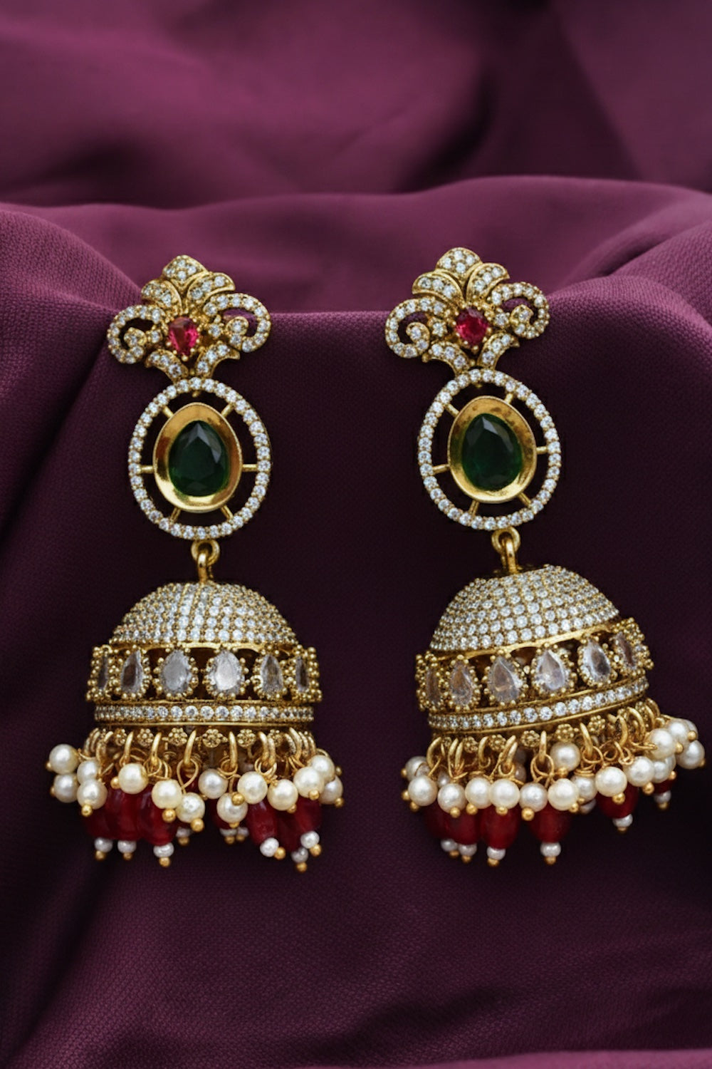 Ad zircon antique mehendi gold finish ethnic jhumka earrings 250288