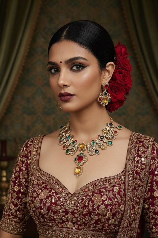 Ad antique gold polish sabyasachi choker zirconia necklace Set adgpmnes250380