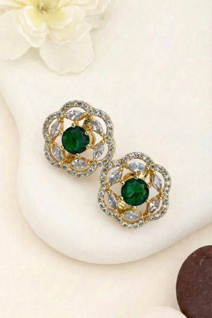 Pair of gold earrings with green gemstones and diamonds 