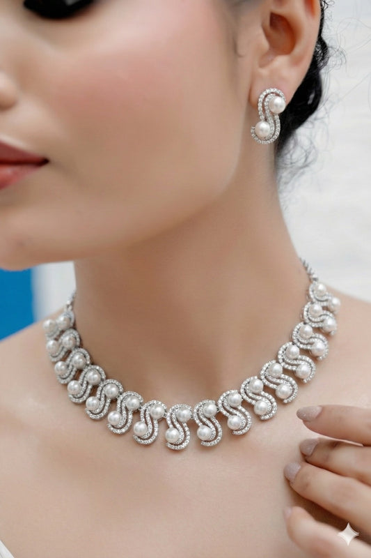 gold pearl diamond choker necklace earrings set