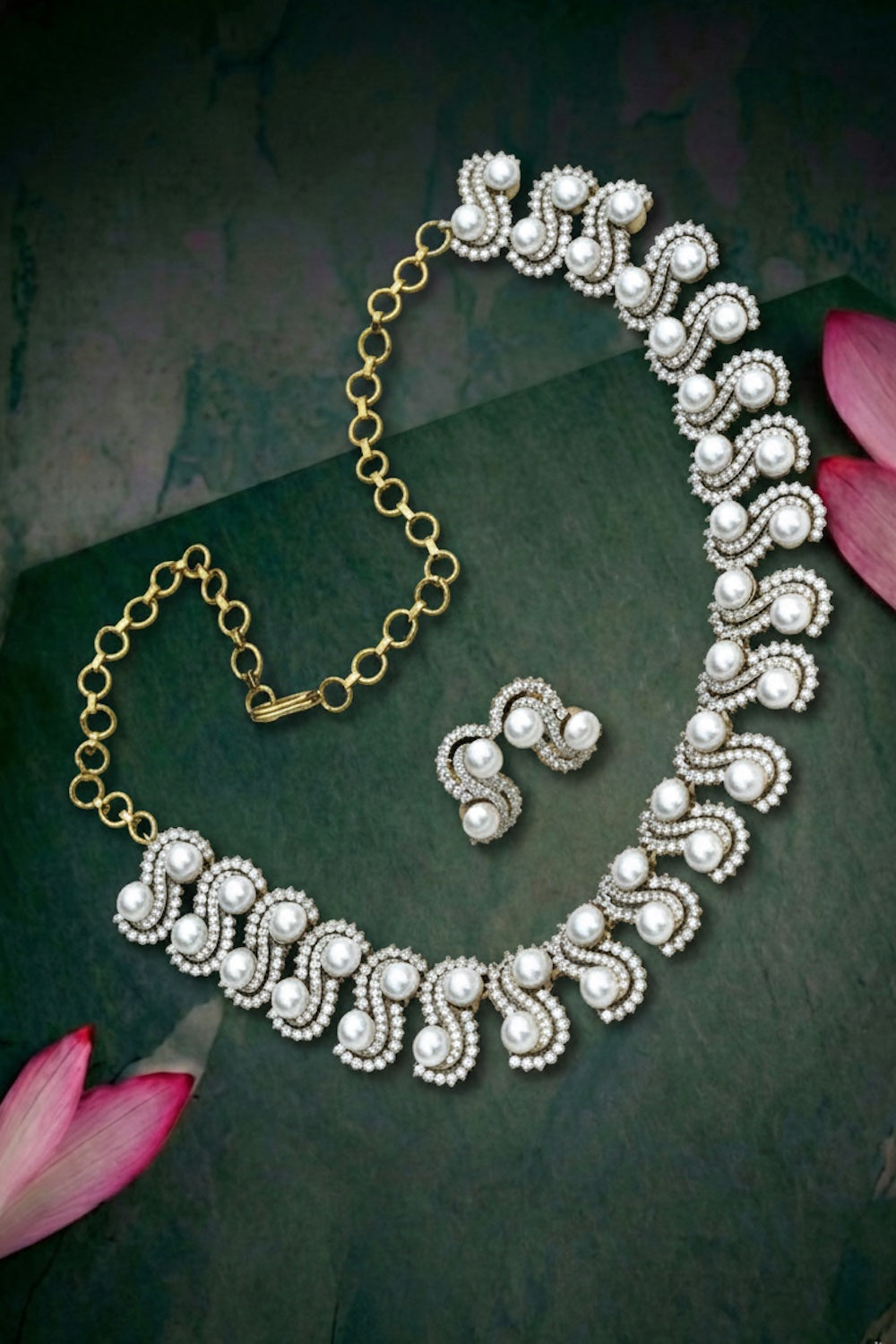 gold pearl diamond choker necklace earrings set