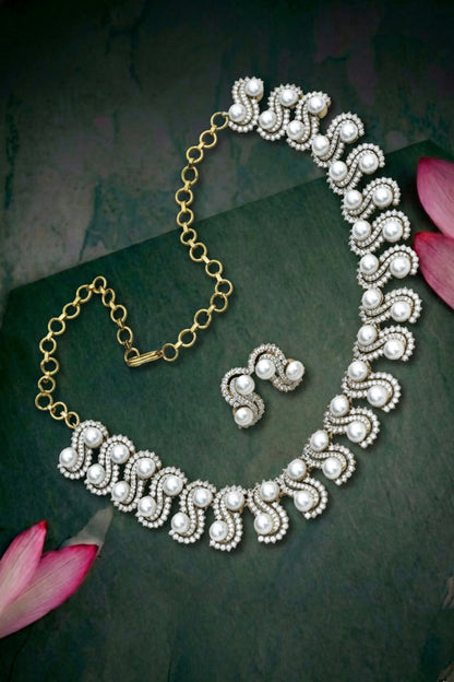 gold pearl diamond choker necklace earrings set