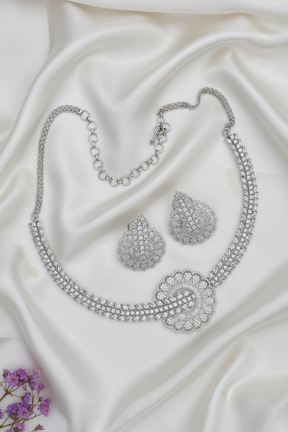 Ad silver polish delicate necklace earrings Set adspchnes250311