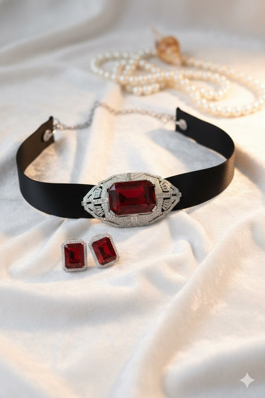 red satin necklace earrings