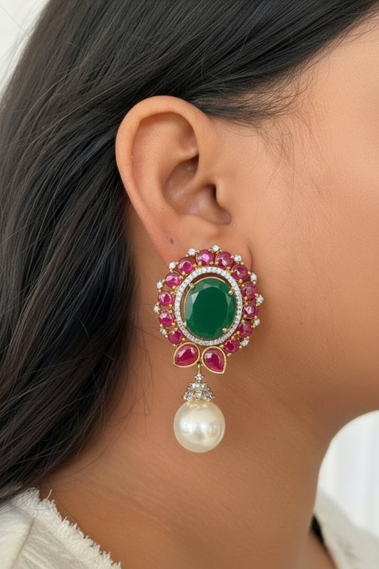 green ruby red cz pearl stud premium semi precious