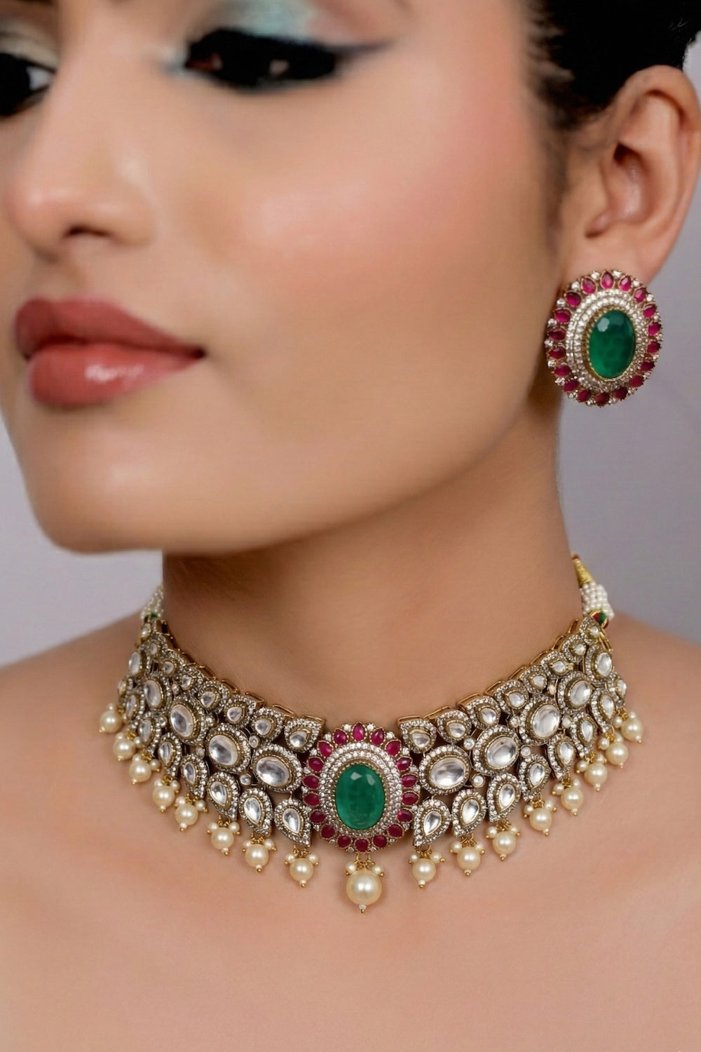 big size kundan choker necklace earrings with doublet stone and pota ruby indian bridal jewellery