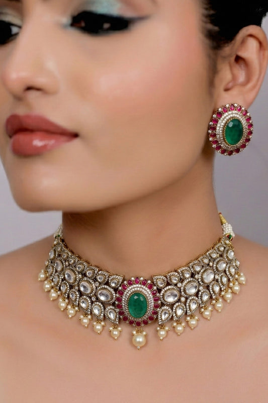 big size kundan choker necklace earrings with doublet stone and pota ruby indian bridal jewellery