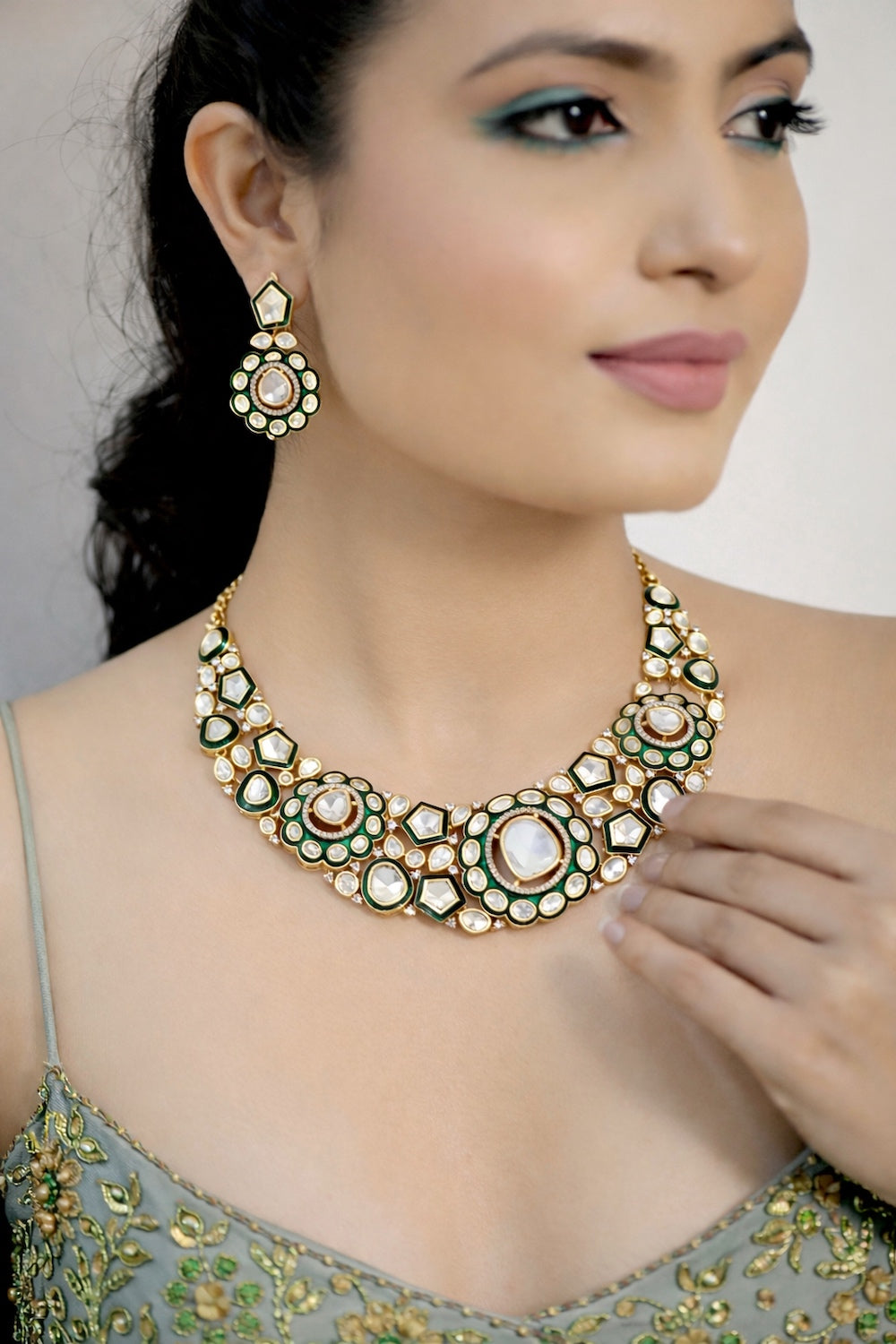moissanite tyaani kundan gold carat polish cubic zirconia American diamond indian bridal jewellery green Meena choker necklace earrings