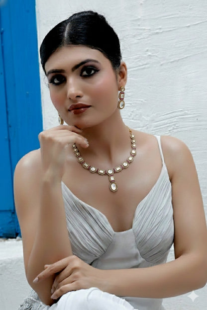 tyaani kundan moissanite polki kundan long necklace earrings with cubic zirconia and coloured stone indian bridal jewellery