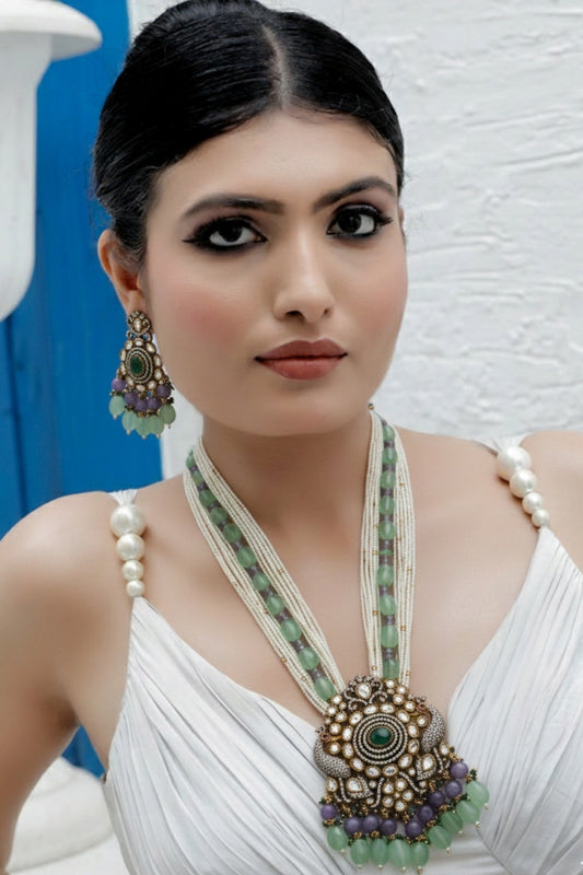 Victorian cz moissanite kundan fusion bridal long set ranihaar klnes250394