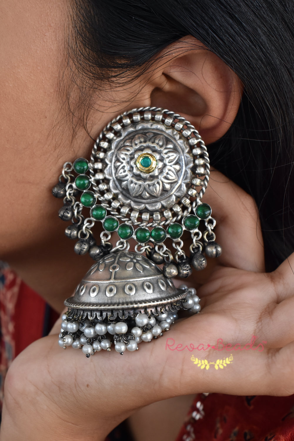 Big Stone Studded Oxidised Jhumka – Aadhya