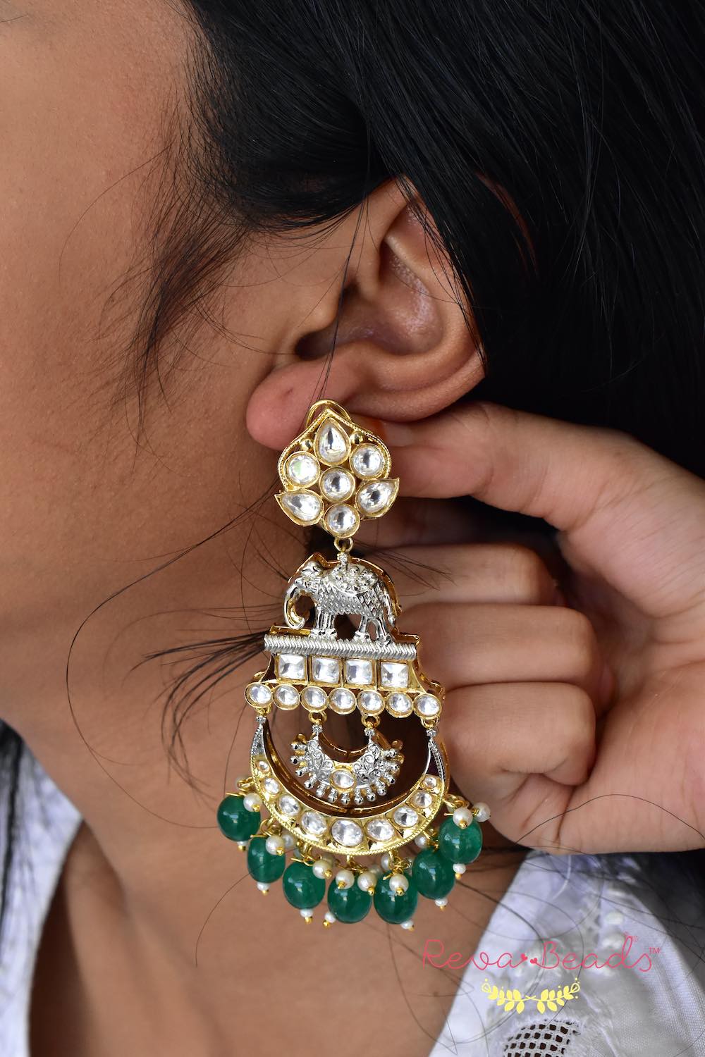 Gold Toned Kundan Chandbali Earrings with Pearls – Branca