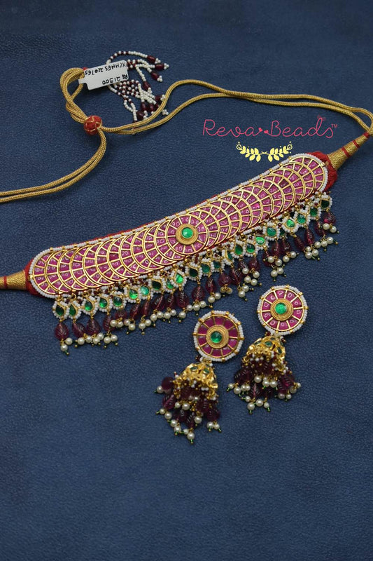 Jadau Kundan Choker Necklace Earrings Set kmchnets220166