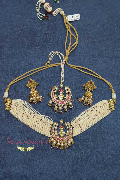 Kundan Choker Necklace Earrings tika Set kchnets220197