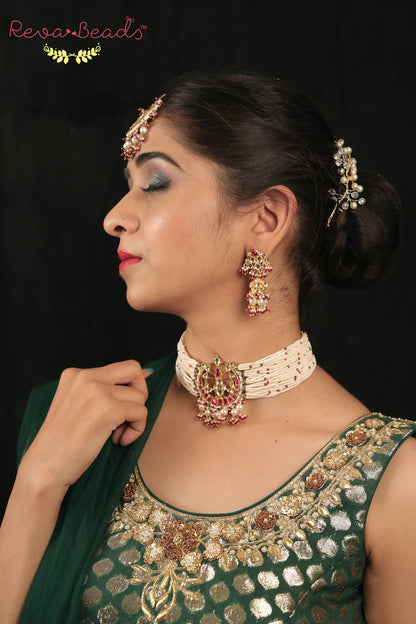 Kundan Choker Necklace Earrings tika Set kchnets220197