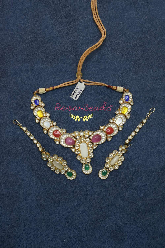 Kundan collar bone necklace earrings set kchnes220156